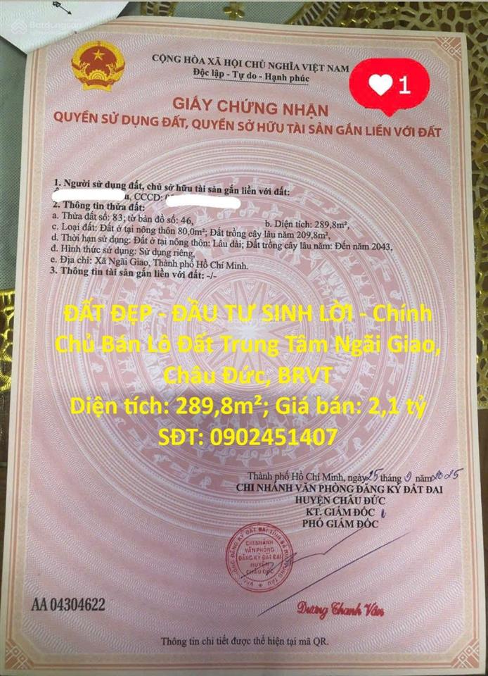 Đất đẹp  đầu tư sinh lời  chính chủ bán lô đất trung tâm ngãi giao, châu đức, brvt