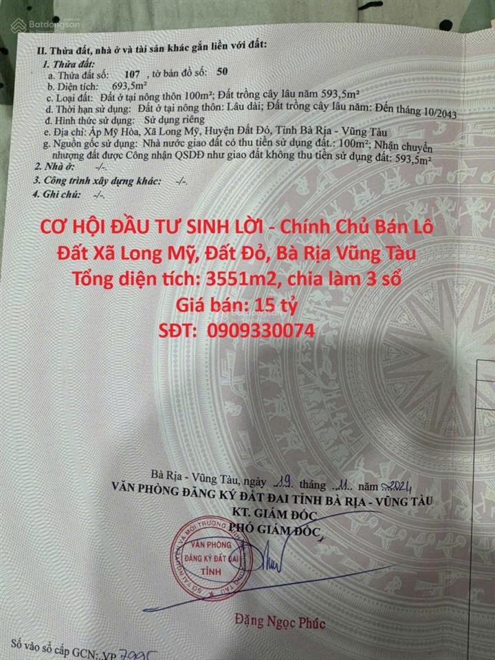 Cơ hội đầu tư sinh lời  chính chủ bán lô đất xã long mỹ, đất đỏ, bà rịa vũng tàu