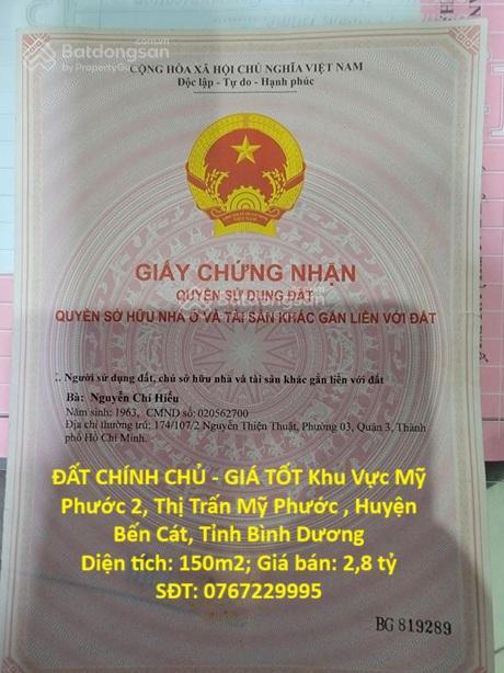 Đất chính chủ  giá tốt khu vực mỹ phước 2, thị trấn mỹ phước, huyện bến cát, tỉnh bình dương