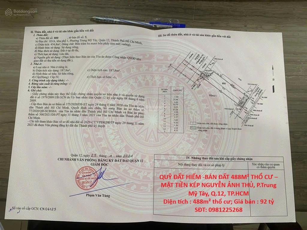 Quỹ đất hiếm  bán đất 488m thổ cư mặt tiền kép nguyễn ảnh thủ, p. trung mỹ tây, q.12, tp.hcm
