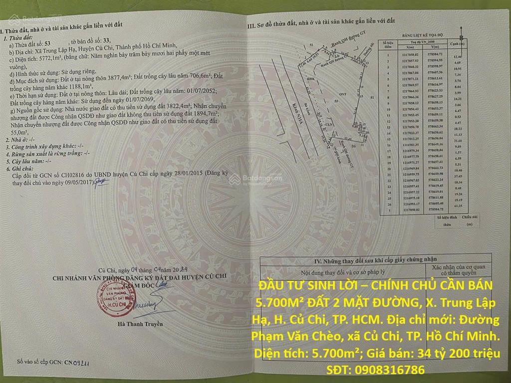 Đầu tư sinh lời chính chủ cần bán 5.700m đất 2 mặt đường, x. trung lập hạ, h. củ chi, tp. hcm