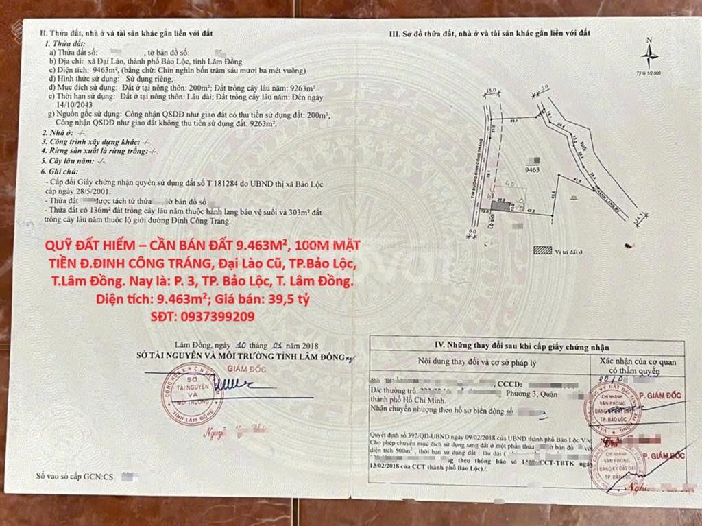 Quỹ đất hiếm bán đất 9.463m, 100m mặt tiền đ. đinh công tráng, đại lào cũ, tp. bảo lộc, t. lâm đồng