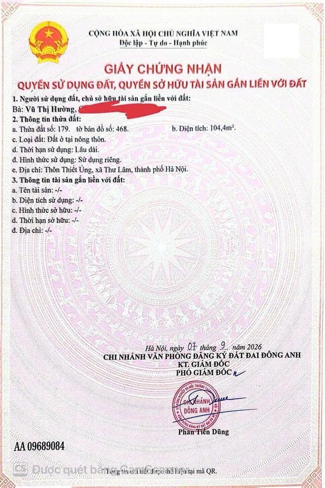 Chính chủcần bán nhanh lô đất thổ cư (lô góc)  giá tốt  vị trí tại xã thư lâm, đông anh, hà nội
