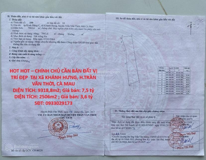Hot hot chính chủ cần bán đất vị trí đẹp tại xã khánh hưng, h. trần văn thời, cà mau