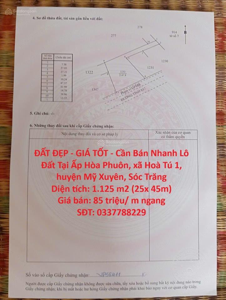 Đất đẹp  giá tốt  cần bán nhanh lô đất tại ấp hòa phuôn, xã hoà tú 1, huyện mỹ xuyên, sóc trăng