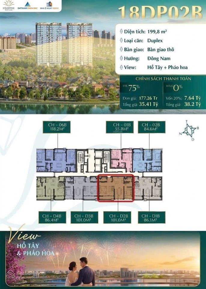 35.4 tỷ/ bán căn duplex 199,8m2, ban công view hồ tây tại dự án celestine westlake tây hồ