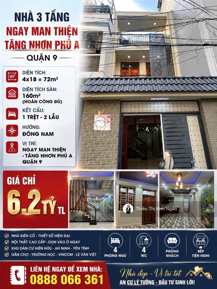 Nhà 3 tầng đẹp gần đường man thiện, tăng nhơn phú a  chỉ 6,2 tỷ