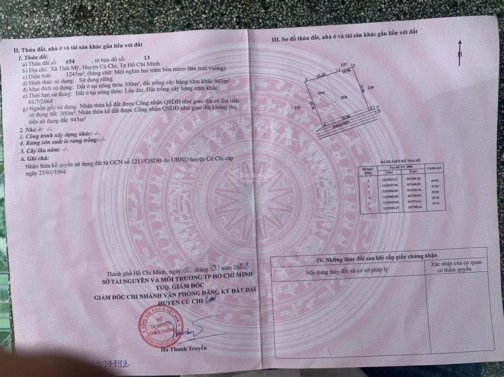 Bán lô đất thái mỹ, củ chi. đất đẹp, vuông vắn, giá tốt,  xem đất 0944 874 ***