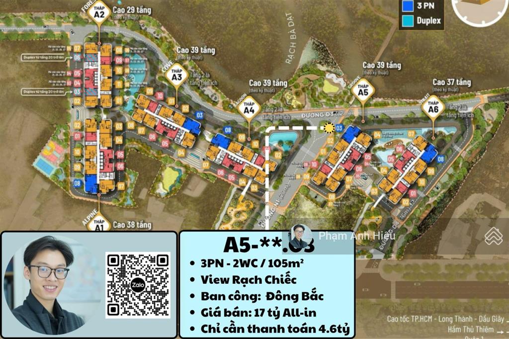 Bán căn hộ 3pn a5 view nhìn hồ bơi, sông và khu thể thao rạch chiếc