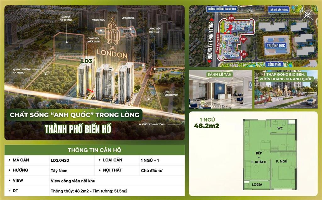 Giảm giá 300 triệu căn 1n 48m,phân khu london tháng 9/2026 nhận nhà