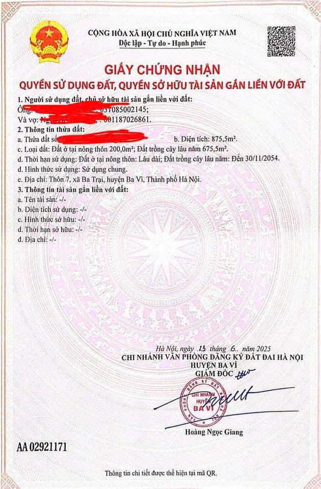 Bán đất diện tích lớn 875,5m² tại ba trại, xã ba vì, hà nội. có 200m thổ cư
