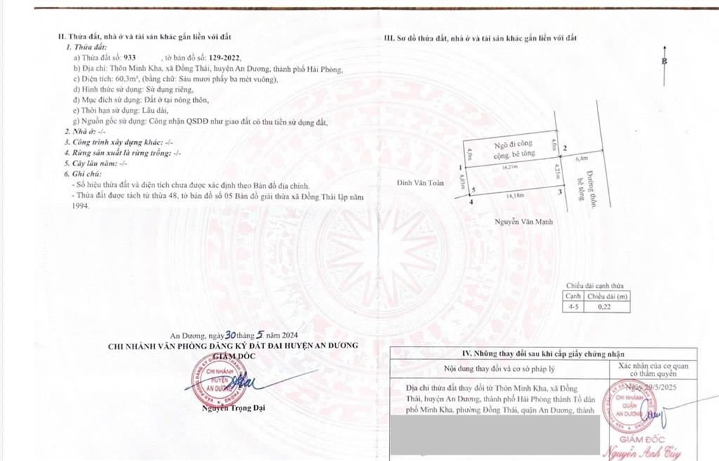 Bán đất nền 60m tại minh kha, đồng thái, an dương