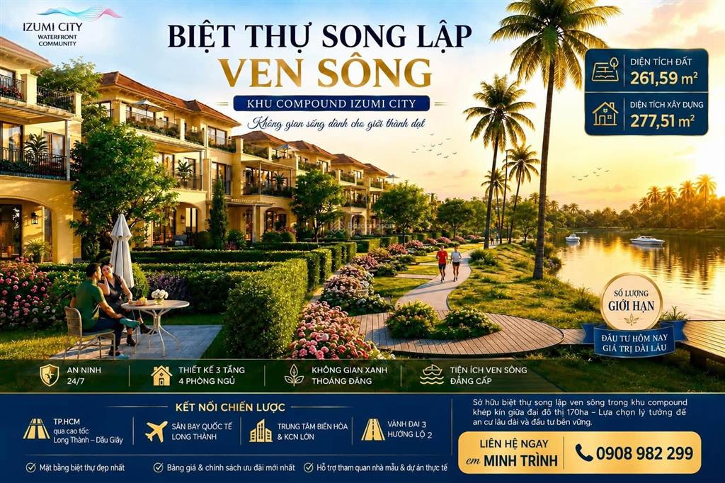 Bán biệt thự song lập 261,59m2 view sông trong khu compound izumi city izumi canaria.  0919 733 ***