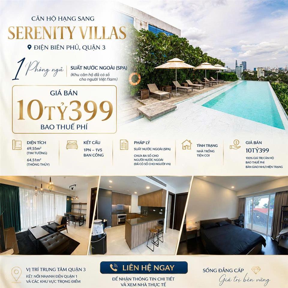 Bán căn hộ suất spa dự án serenity villas q3 diện tích 69m2 giá 10,399 tỷ full nội thất