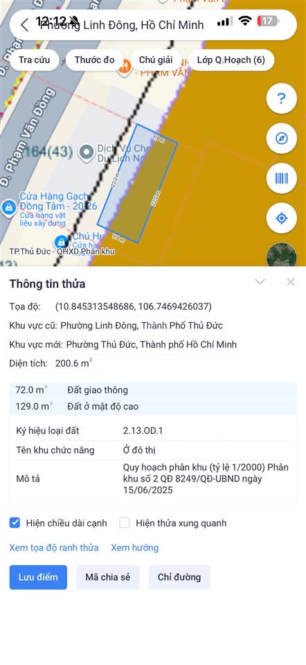 Bán đất mặt tiền 1168 phạm văn đồng, linh đông, (dt 22x10m, cn 203m2), đất trống qh odt, giá 12 tỷ