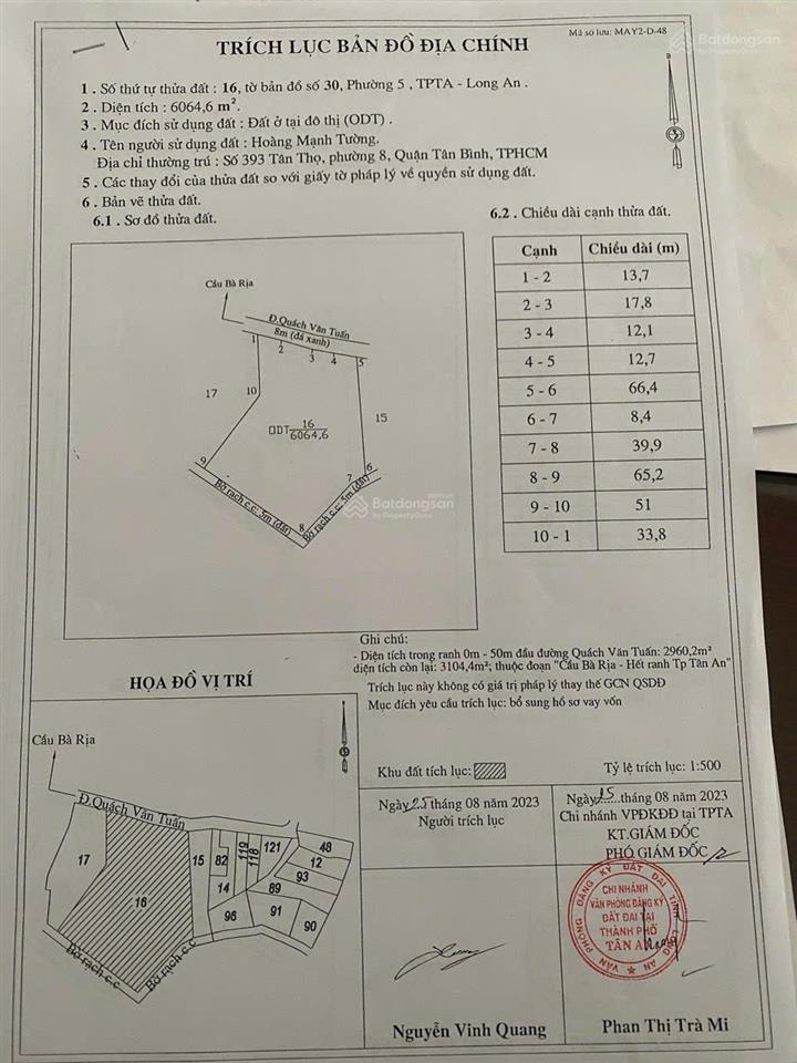 Thửa đất đẹp 6064m2, dt 56x110m (full thổ cư) mặt tiền quách văn tuấn hậu mặt sông, p5, tân an