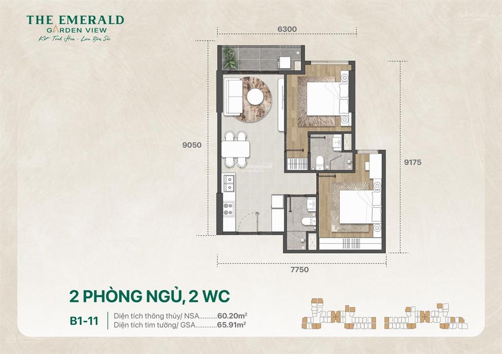 Căn hộ the emerald garden view 65m² 2pn2wc giá từ 2,35 tỷ/căn thanh toán 9 triệu/tháng đến nhận nhà