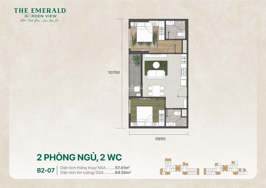 Căn hộ the emerald garden view 65m² 2pn2wc giá từ 2,35 tỷ/căn thanh toán 9 triệu/tháng đến nhận nhà