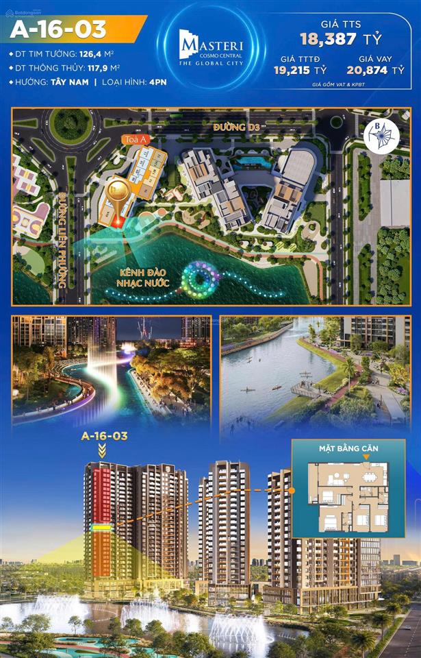 Cần bán 4 phòng ngủ 126,4m2 view trực diện nhạc nước giá 18,387 tỷ cách thủ thiêm chỉ 10 phút