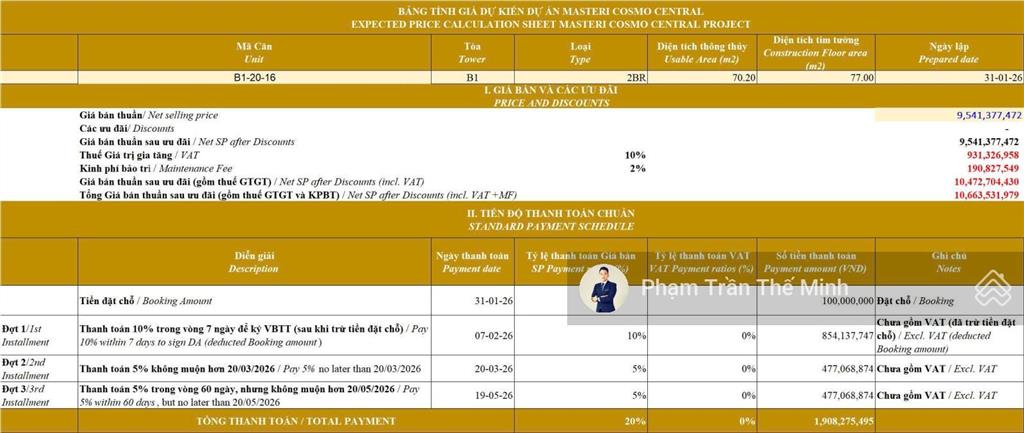 Masteri cosmo central  chuyển nhượng vbtt căn 2pn giá thanh toán sớm 8,991 tỷ đã gồm vat, pbt