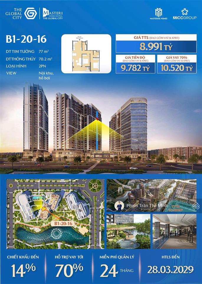 Masteri cosmo central  chuyển nhượng vbtt căn 2pn giá thanh toán sớm 8,991 tỷ đã gồm vat, pbt