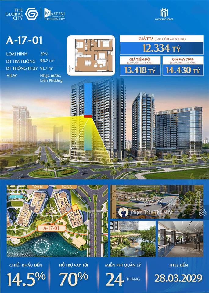 Masteri cosmo central suất 3pn  98,7m2. giá bán tt sớm 12,334 tỷ  tt tiến độ 13,418 ty