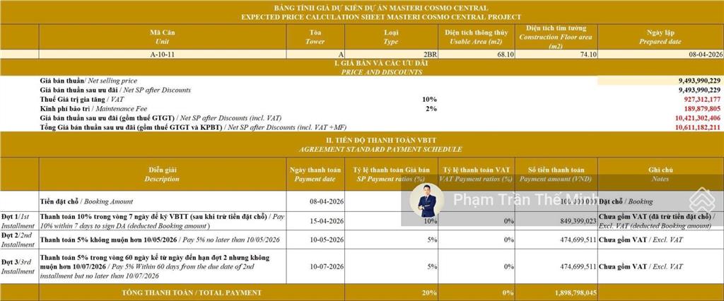 Suất 2pn masteri cosmo central giá tt nhanh 8,946 tỷ đón đầu trường quốc tế kings college school