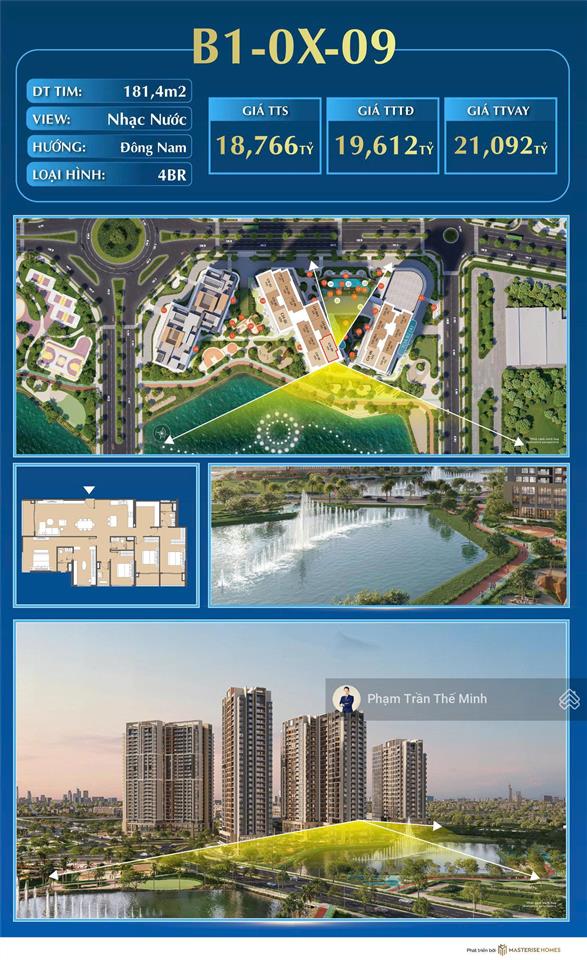 Suất căn 4pn/3wc  181,4m2 tại masteri cosmo central (ct3) giá bán 18,767 tỷ đã vat