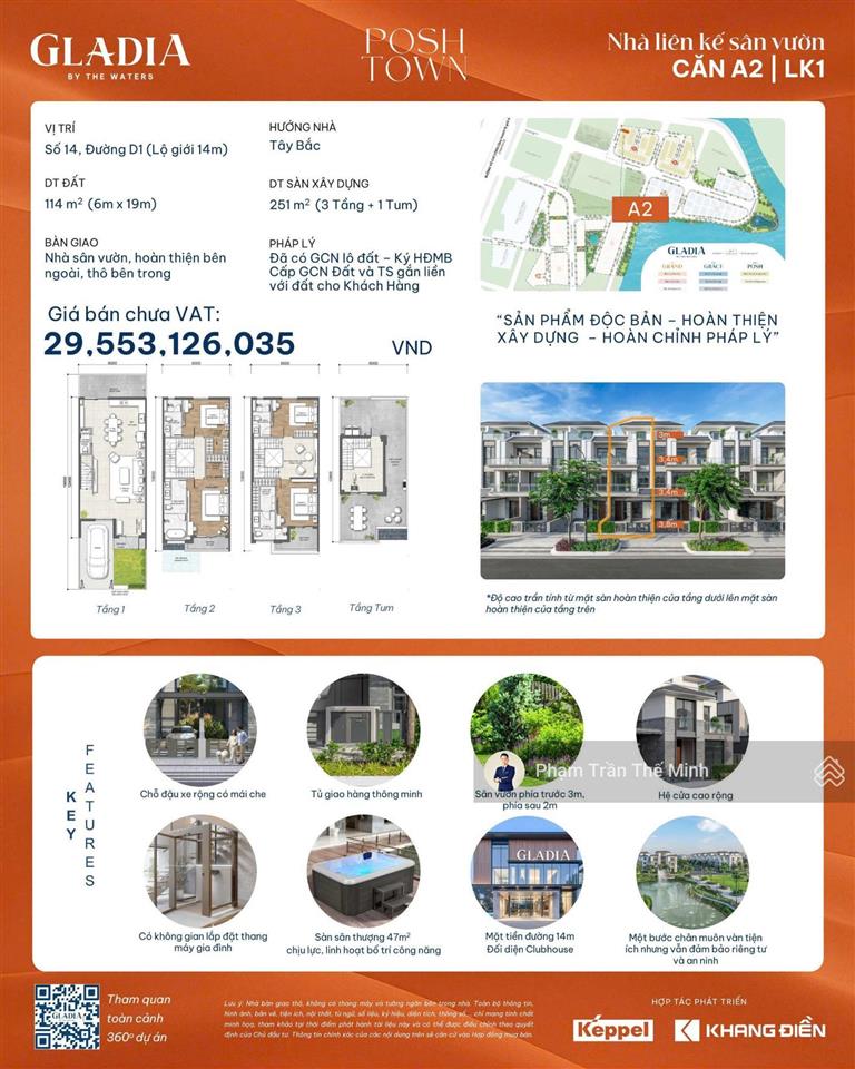 Bán nhà liên kế vườn tại khu đô thị 60ha gladia by the water, 29,553 tỷ, tổng dtxd 251m2, hướng tb