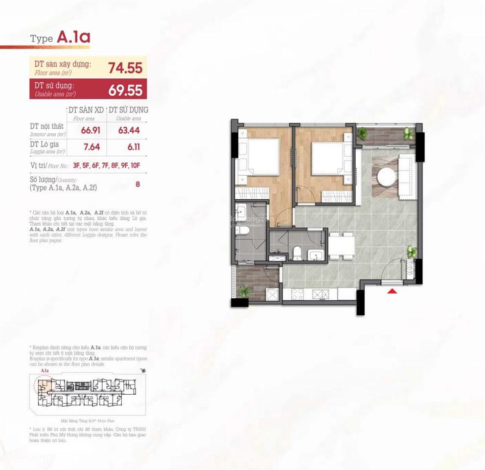 Cho thuê căn hộ 68m2 có bếp, rèm, máy lạnh, giàn phơi  0918 585 ***