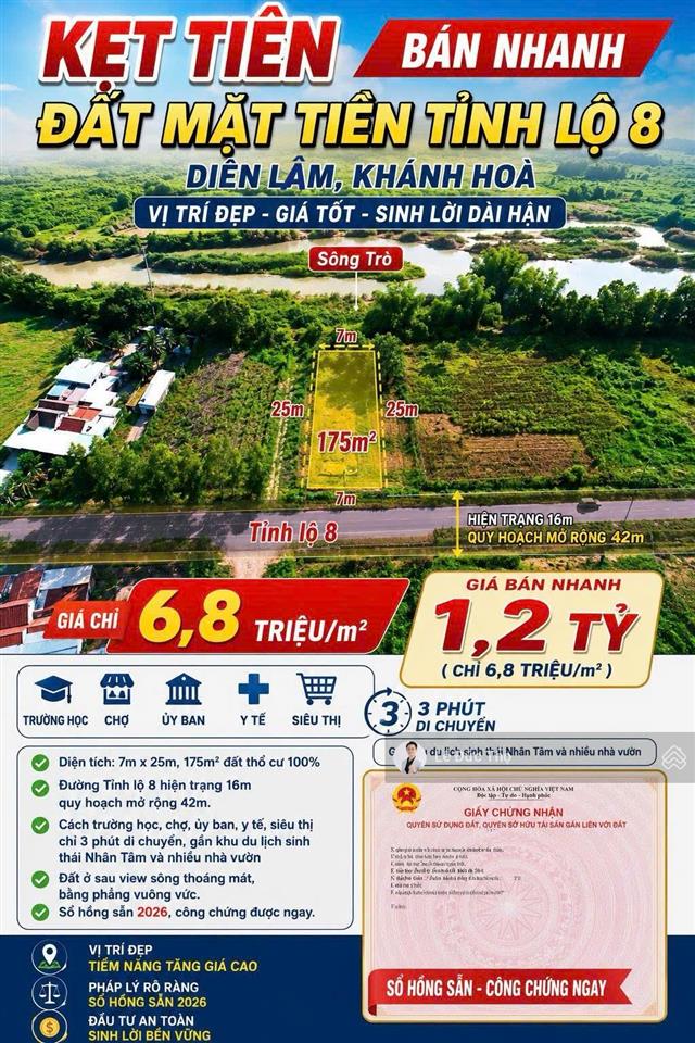 Kẹt tiền bán đất mặt tiền tỉnh lộ 8, diên lâm, khánh hoà. diện tích 175m² ngang 7m. giá chỉ 1,2 tỷ