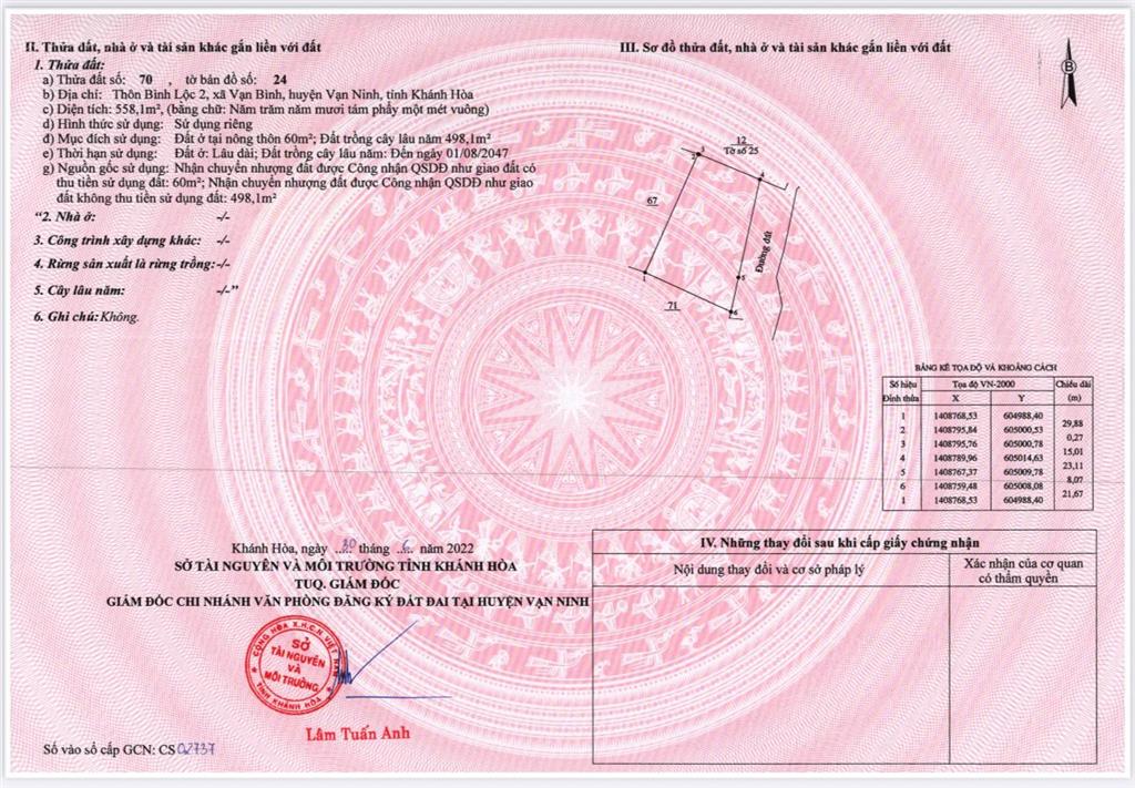 Đất nền 558m2 2 mặt tiền 15m chính chủ vạn thắng bắc vân phong khánh hoà