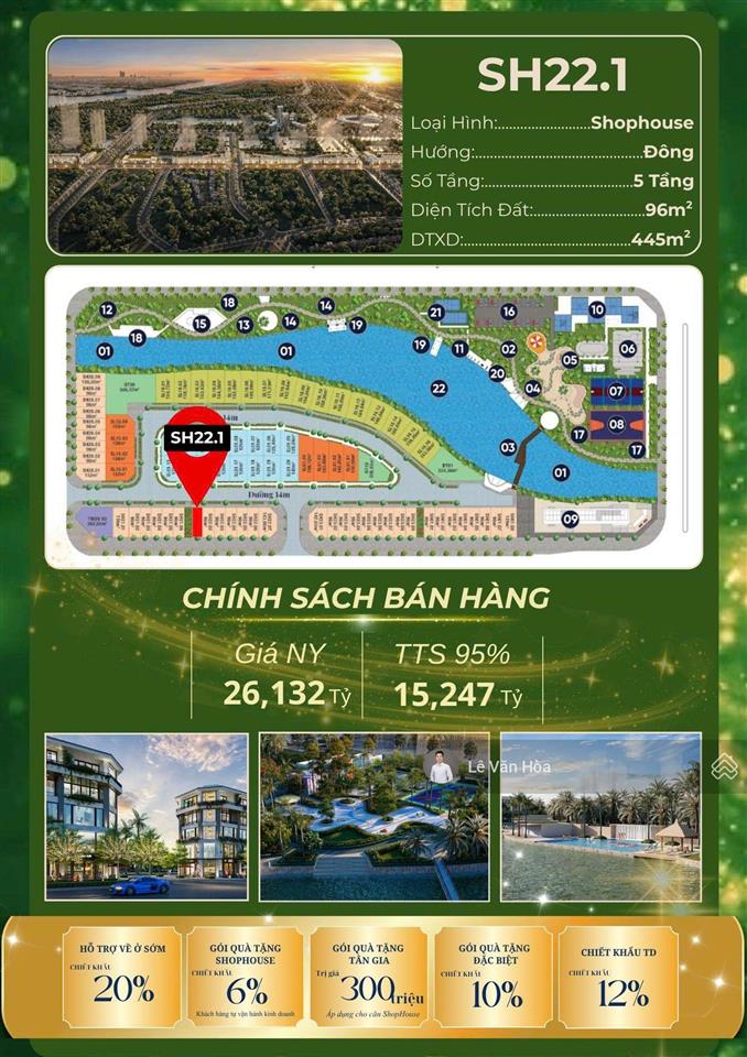 Shophouse xẻ khe mặt đường 45m, dt 96m2 x 5 tầng, giá ngoại giao ck 45% còn 14,7 tỷ