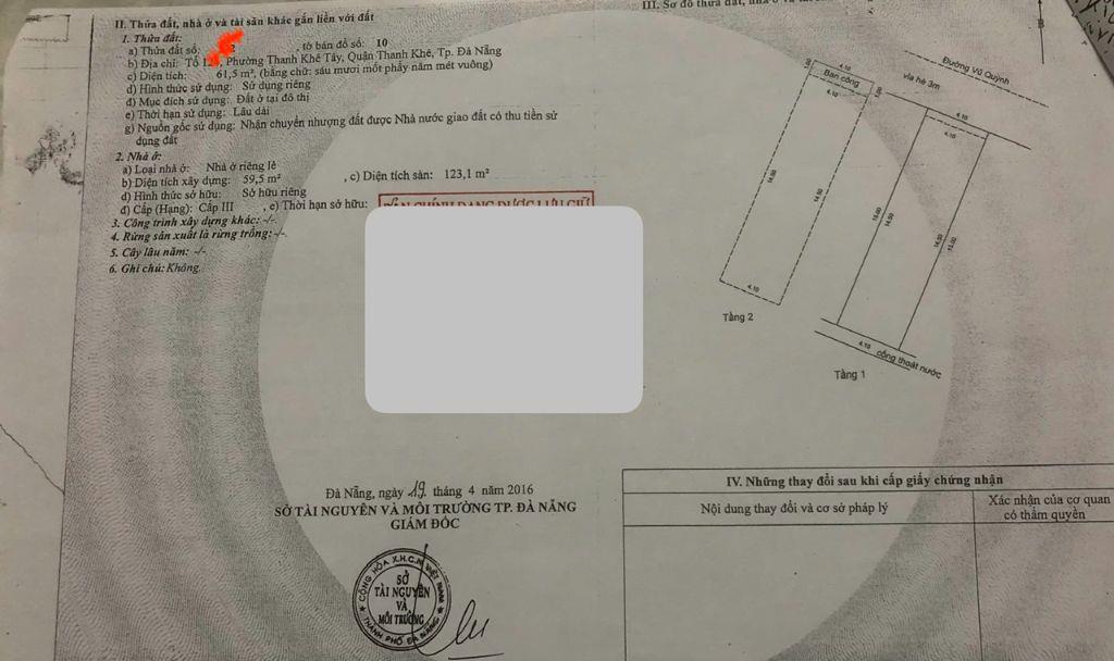 5,6 tỷ Nhà 2 tầng, đường  Vũ Quỳnh,Thanh Khê,Đ Nẵng,cách biển vài bước chân