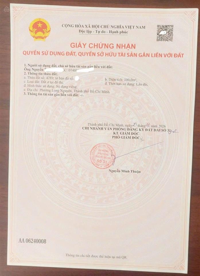 Chính chủ gửi bán gấp lô đất thổ cư 100m² gần chợ bến cát, sổ sẵn công chứng ngay giá 850 triệu