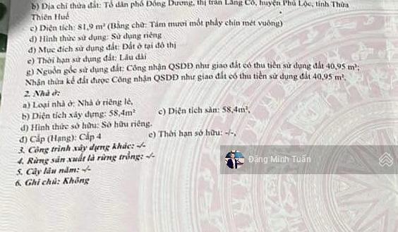 Bán thửa đất biển lăng cô  tuyến thứ 2  nằm ở khu vực ô tô có thể vào tận đất  giá thấp nhất khu