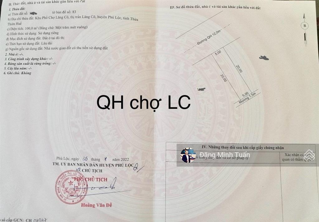 Bán thửa đất khu phố chợ lăng cô, tuyến thứ 2  đất 5x20m, đường 12m  giá 2.7 tỷ