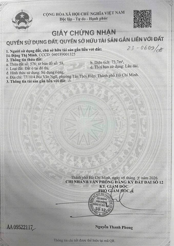 Bán lô đất đẹp ngay chợ hl80  nguyễn ảnh thủ  phường hiệp thành quận 12  giá 4.39 tỷ