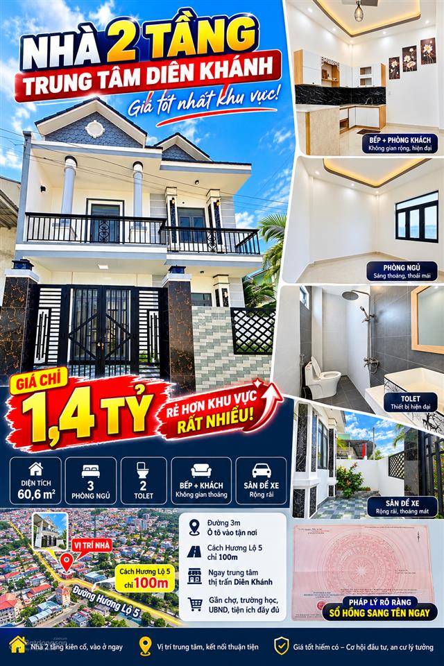 Nhà 2 tầng trung tâm thị trấn diên khánh. đường ô tô. giá 1,4 tỷ
