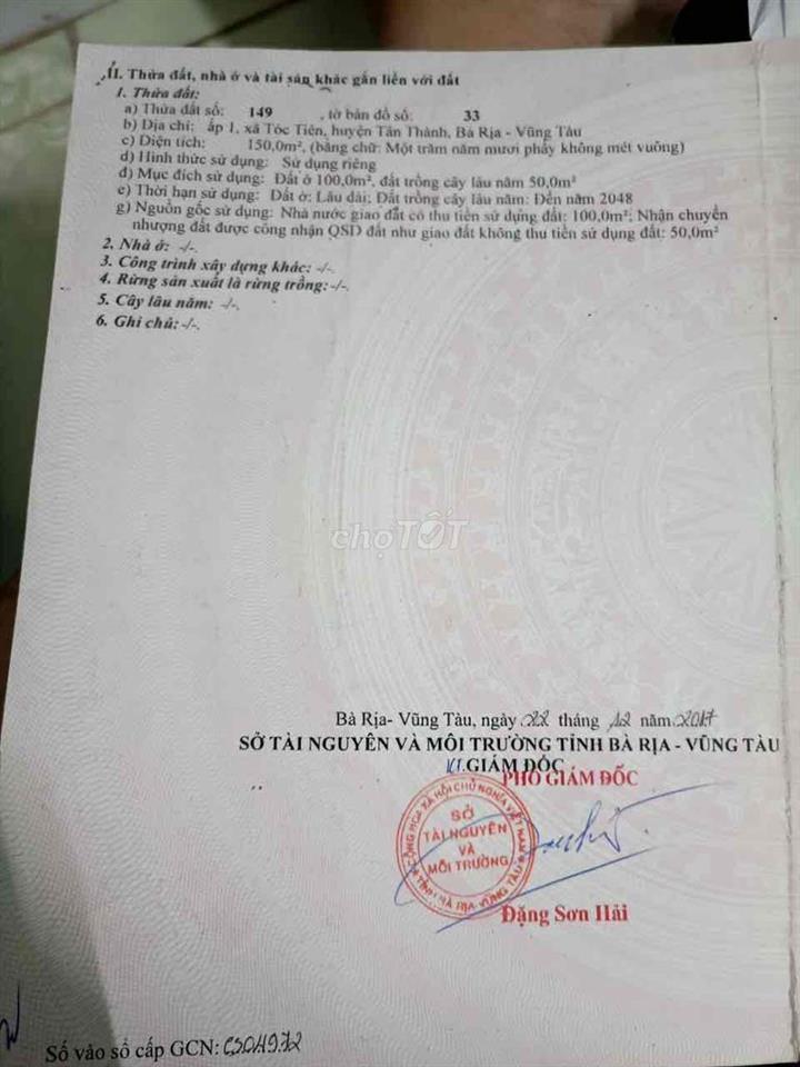 Chính chủ bán lỗ 250 triệu lô đất mặt đường nhựa Tóc Tiên, Phú Mỹ