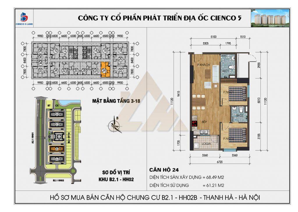 Bán căn hộ 68.5m2 tầng trung đẹp mặt đường chung cư Thanh Hà Cienco5 - Giá 2.7 Tỷ