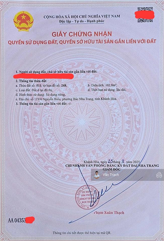 Bán đất hẻm nguyễn biểu vĩnh hải nha trang gần chợ vĩnh hải gần biển đường 5m sổ đỏ riêng