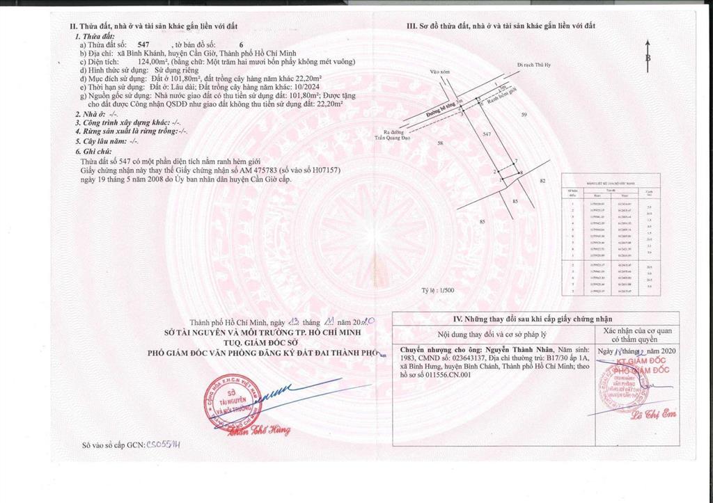 Bán nhanh lô đất đẹp bình khánh  cần giờ dt 124m2, giá 1,875 tỷ sẵn sổ đỏ, kdc đông, gần trường