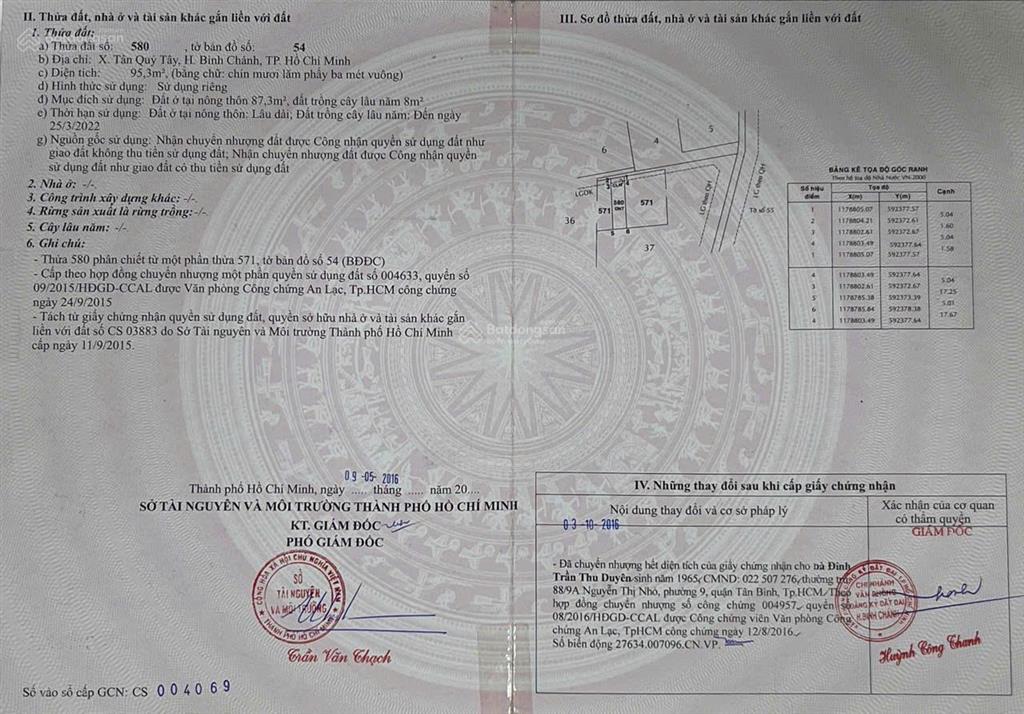 Bán đất thổ cư 1/ đường bờ chùa tân quý tây bình chánh 5x19 95.3m2 87 thổ cư giá 2ty6 thương lượng