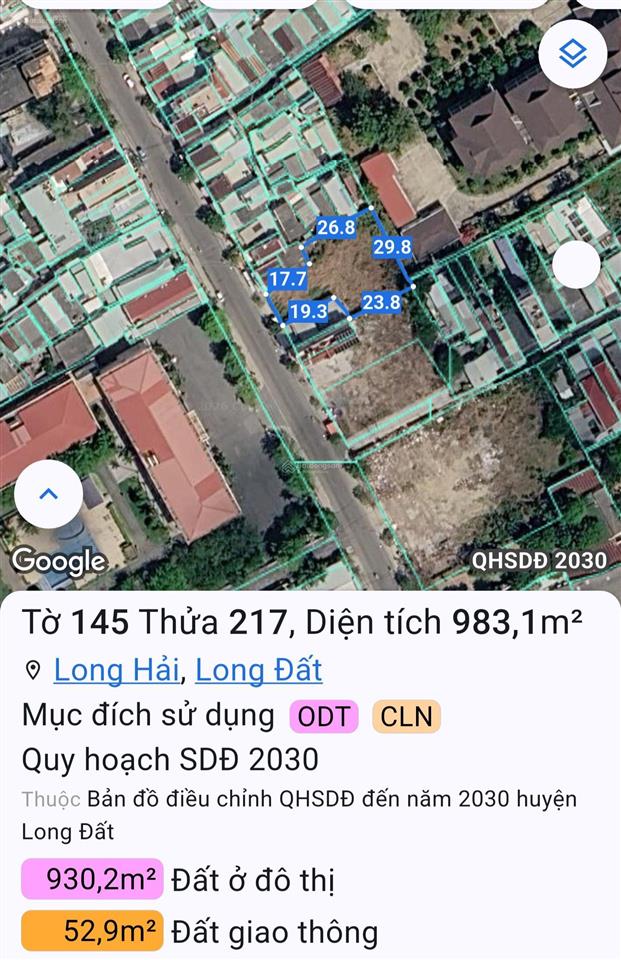 Bán đất mặt đường 2 bà trưng long hải 983m 200 thổ cư