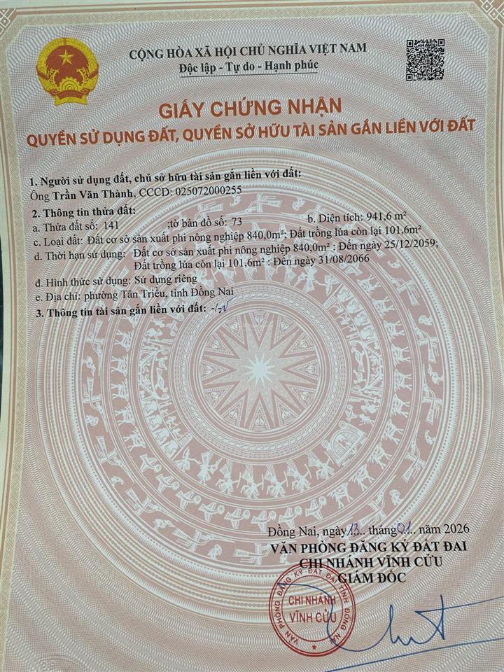 Cần bán lô đất s k c đất sản xuất kinh doanh mặt tiền đường hương lộ 7, diện tích 942m2