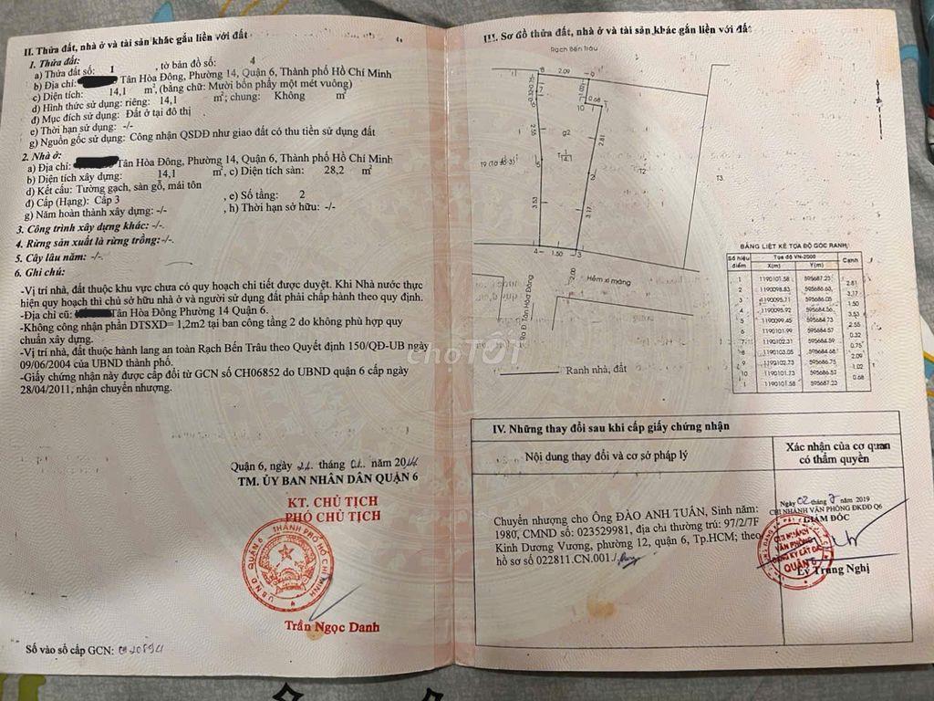BÁN NHÀ HẺM 3M (BG) TÂN HÒA ĐÔNG, P.14, Q.6, 5,2 TỶ