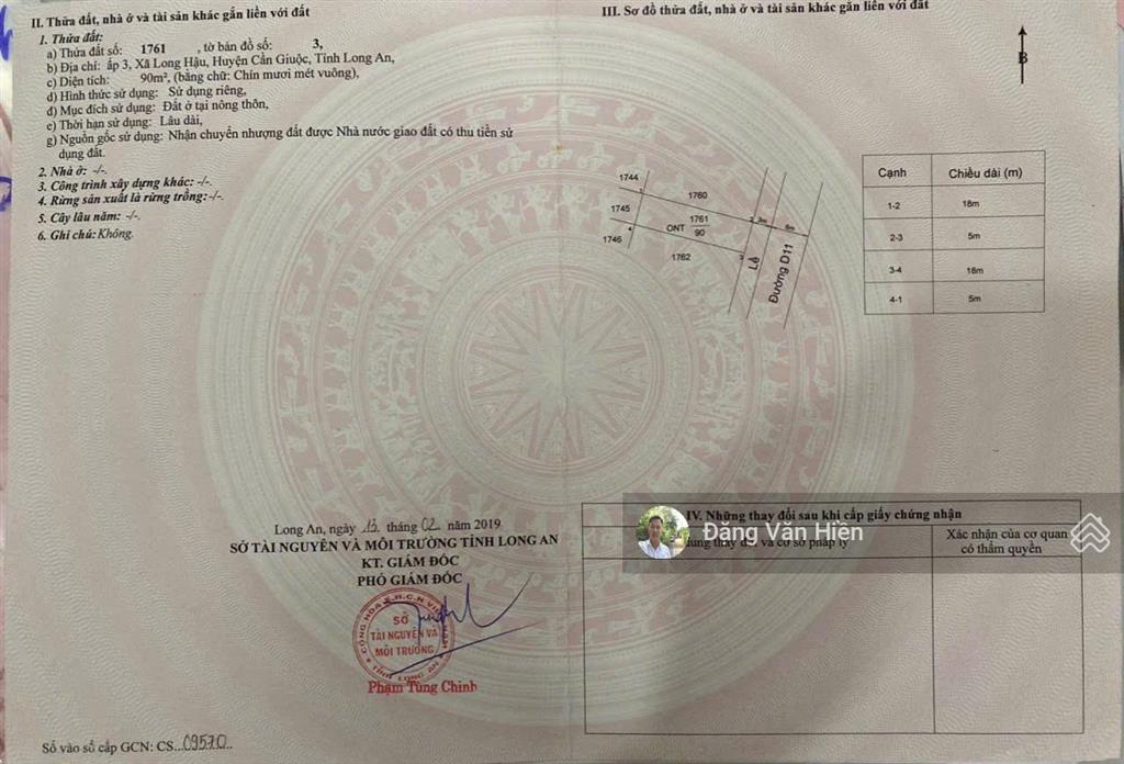 Bán đất thổ cư 90m2 dt 5x18m sổ hồng riêng 2.3 tỷ