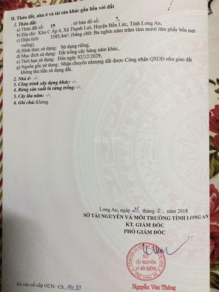 Cần bán đất (35m x 100m) 3585m2 xã thạnh lợi, huyện bến lức, tỉnh long an 300 nghìn/m2