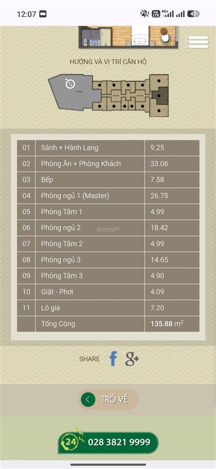 Cho thuê căn opal nội thất cơ bản 3pn view trực diện sông